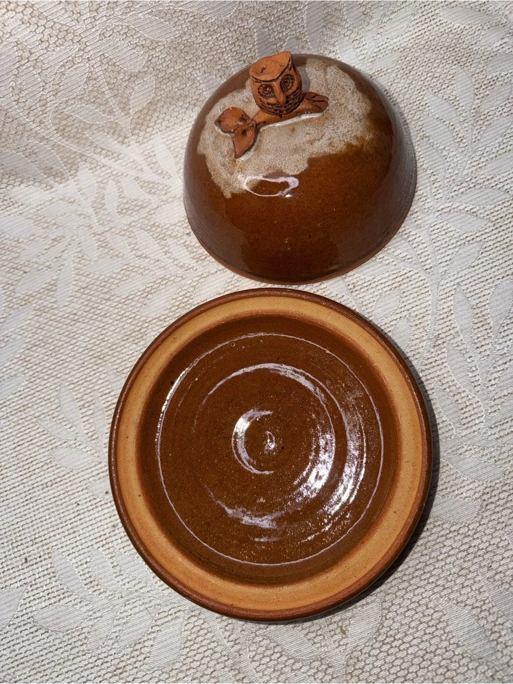 Handmade Ceramic Butter Dish with Owl Lid - Burnt Orange